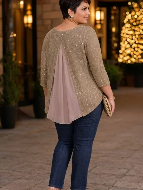 Simply Noelle L/XL Gold Shimmer Knit Top Layered Back Blouse Elegant - Picture 1 of 7